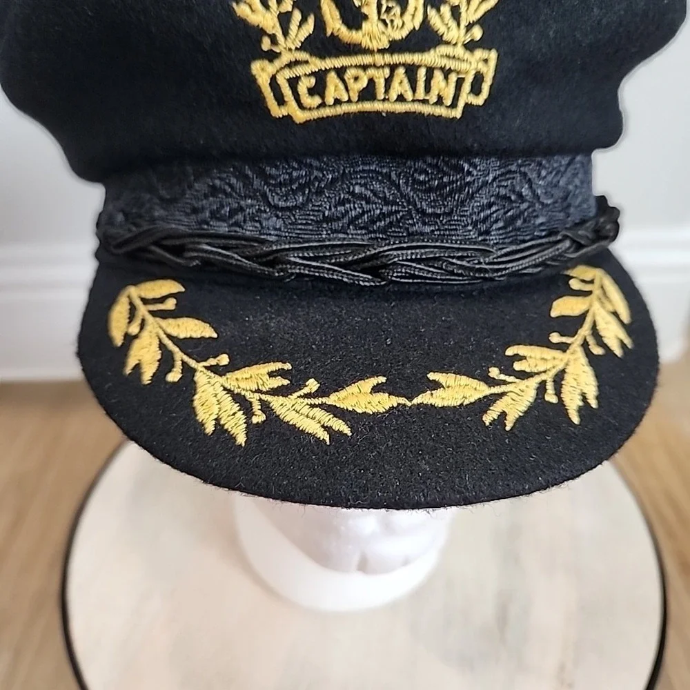 Vintage‎ RARE Aegean Greek Fishermans Captain Cap Black Wool Greece Costume Prop